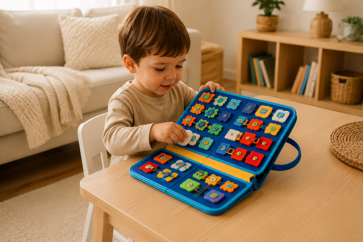 Bambino che gioca con il Busy Book Noosaa