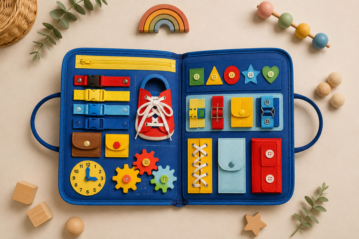 Bambino che gioca con il Busy Book Montessori Noosaa